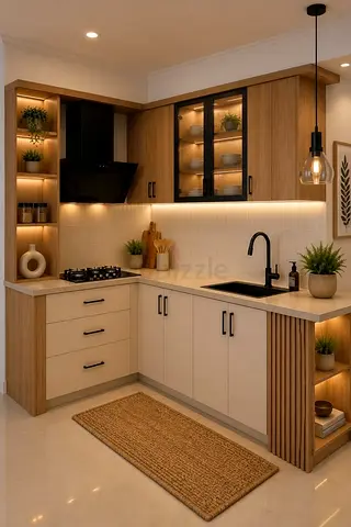 Compact L-shaped Kitchen Cabinet Set with Built-in Shelves and Matte Black Fixtures