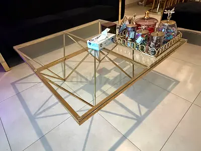 Glass Top Gold Metal Coffee Table - Modern Geometric Base