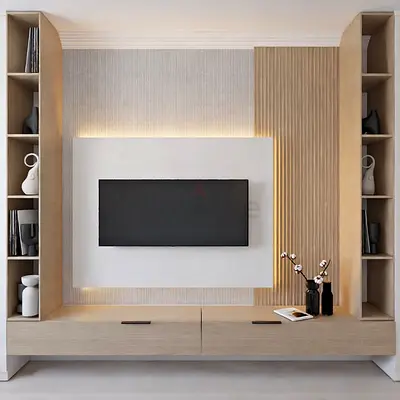 Modern built-in entertainment unit with shelving and drawers