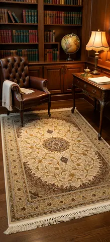 Classic Middle-Easter Woo and silk l-Feel Area Rug — 4x6, Good Condition