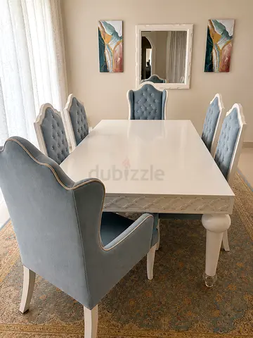 White Wooden Dining Table with 6 Upholstered High-Back Chairs