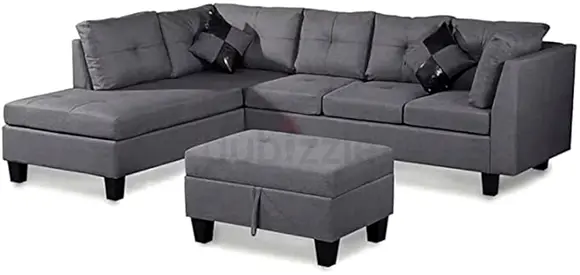 Grey L-shaped Fabric Sofa with Ottoman — 3-Seater Corner Couch