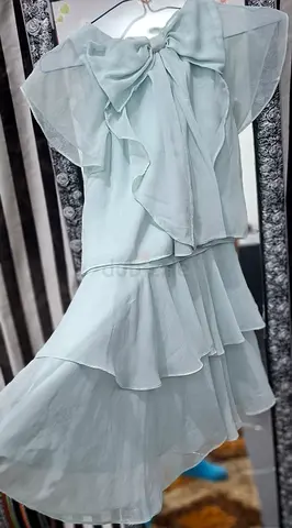 Light mint layered chiffon dress with bow neckline, size 7 years
