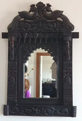 Hand-carved Dark Wood Decorative Wall Mirror with Ornate Frame. Solid wood. 59cm x 90cm