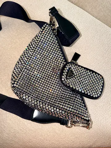Crystal-embellished Prada triangle belt bag with card pouch