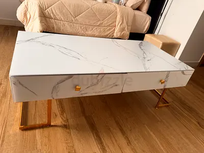 White marble-effect narrow sideboard / TV cabinet with gold handles