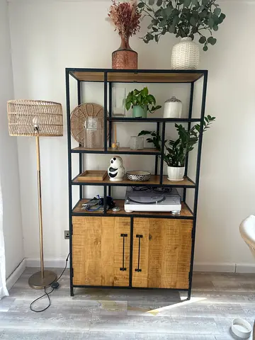Industrial-style open shelf unit with storage cabinet - black metal & wood