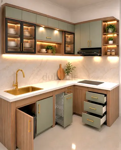 Modern L-shaped Kitchen Cabinet Set with Pull-Out Organizers and LED Lighting