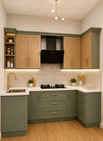 L-shaped modern kitchen cabinet set — green base with oak wall units