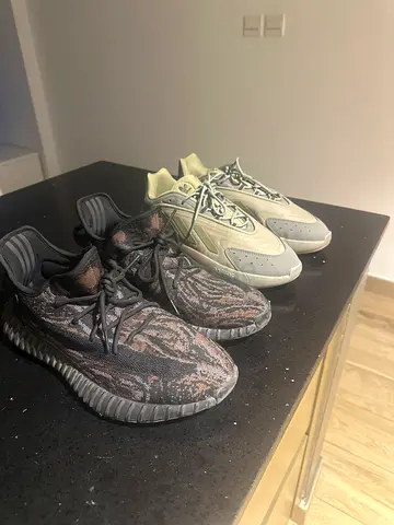 Two pairs of casual sneakers (one grey/green pair and one knit patterned pair) - good condition