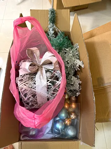 Used Christmas tree and decorations bundle — baubles, frosted branches, wreath