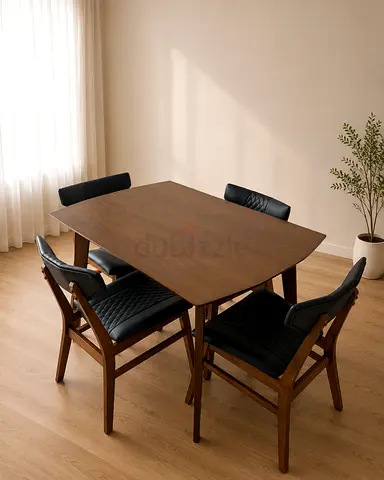 Modern Wooden Dining Set with Four Quilted Leather Chairs
