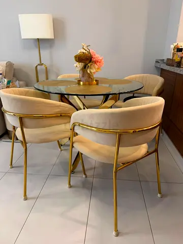 4 Velvet Gold-Frame dining Chairs, glass table not included .