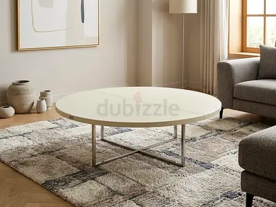 Fendi Round Modern Coffee Table with Metal Base - White Leather Top