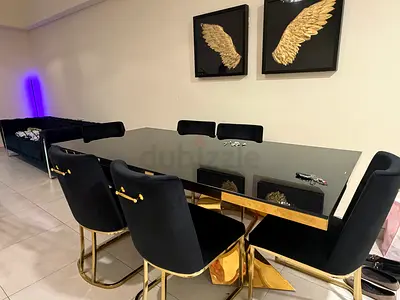 Black Glass Top Dining Table with Gold Base + 6 Velvet Chairs