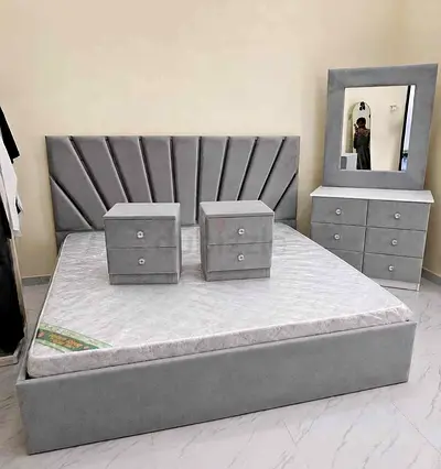 Grey Upholstered Double Bed with Matching Dresser and Nightstands