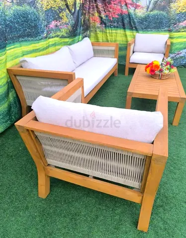 4-piece Outdoor Wooden Sofa Set with Cushions and Coffee Table