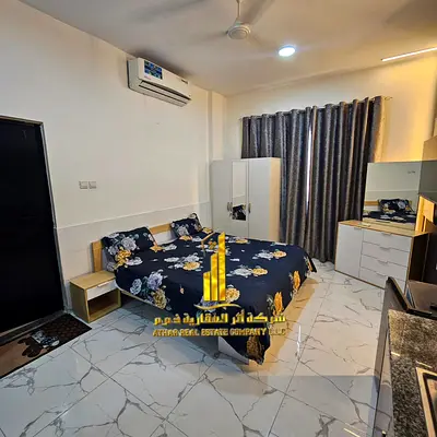 Luxury second-occupancy studio with an open kitchen and open view, fully furnished ✨ Ajman, Al Jurf 2. For monthly rent.