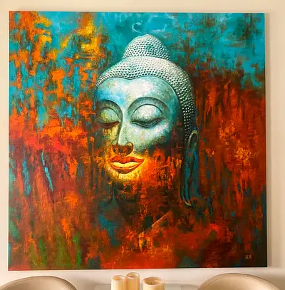2 m × 2 m Large Buddha canvas painting by Indian artist — vibrant wall art