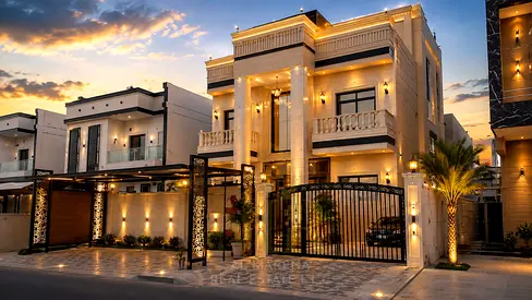Luxury villa for sale in Al Yasmin, Ajman. Ground floor, first floor, and roof with a swimming pool. Built-up area 4020 sq ft. Price includes electric