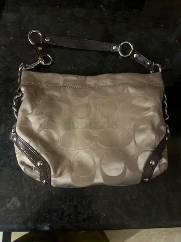 Coach Small Shoulder Bag - Beige Signature Canvas with Leather Trim