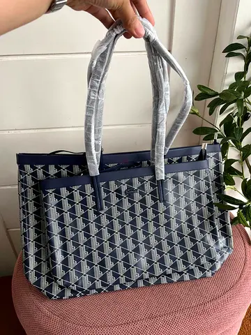 Navy patterned tote bag with long handles