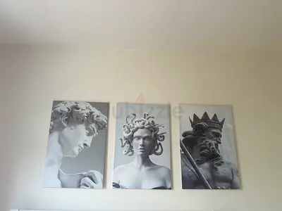 Set of 3 Classical Statue Canvas Prints — David, Medusa, Poseidon (Monochrome)