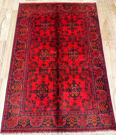 Traditional Middle Eastern Red Patterned Area Rug , tribal handmade wool carpet , size 1.00 by 1.50