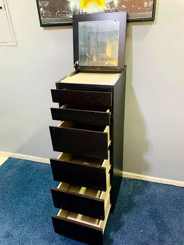 Tall narrow dresser with flip-up mirror - dark wood finish