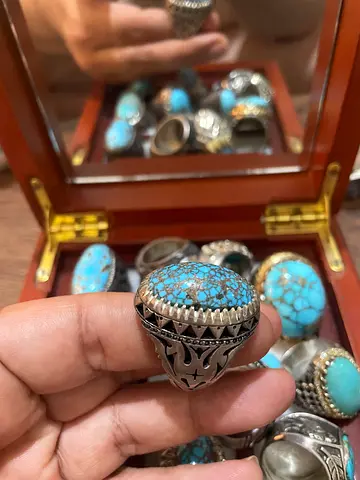 Handmade Sterling Silver Ring with Large neyshabur Turquoise Stone - Vintage Style