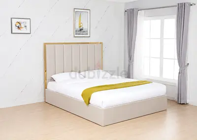 New Beige Fabric King Bed with Padded Headboard and Mattress