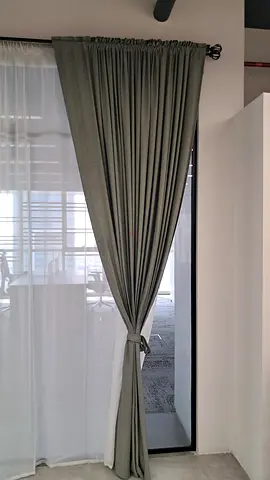 Grey floor-length curtain pair with tiebacks - good condition