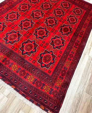 Traditional Hand-Knotted Red Afghan Rug , tribal wool carpet , size 1.49 by 1.93