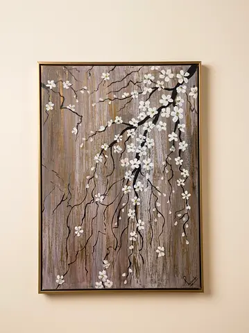 Original Handmade Floral Branch Acrylic Painting on Canvas with Wood-Effect Background