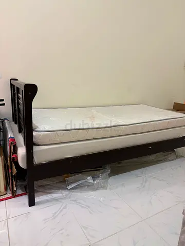 Single wooden bed frame with mattress - dark brown, good condition