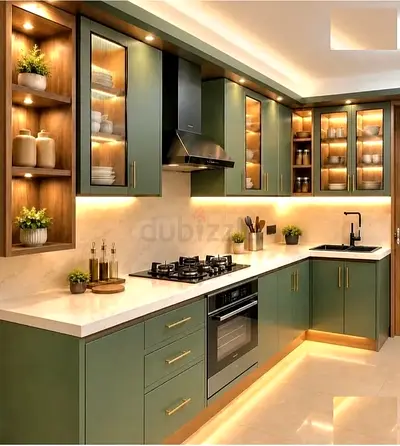 Modern L-shaped Green Kitchen Cabinets with Marble Countertop