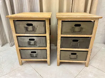 ART AND CRAFT Rustic Industrial Wooden Side Tables with Metal Drawers