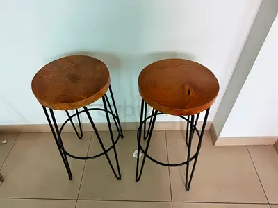 Beautiful Set of 2 Solid Wood Round Bar Stools with Black Metal Legs