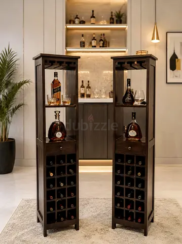 Marina Pair of tall wooden wine racks with shelving and drawers