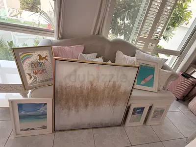 Set of Framed Wall Art Prints and Large Abstract Painting - Good Condition