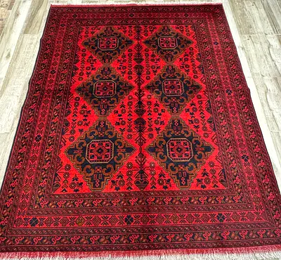Handmade tribal Style Red Rug with Geometric Medallions , size 1.50 by 2.00