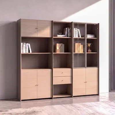 Modern wooden modular bookshelf with cabinets and drawers