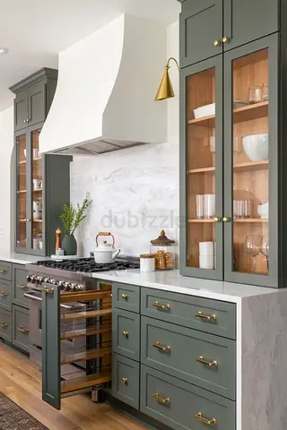 Modern green shaker kitchen cabinets with glass doors and brass handles |Custom made kitchen cabinet