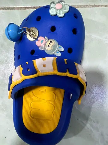 Kids blue and yellow clog sandals with charms - size small with labubu and bells