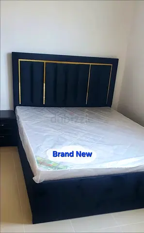 Brand new navy velvet queen bed frame with gold trim