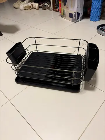 Black Metal Dish Drainer with Removable Drip Tray and Cutlery Holders