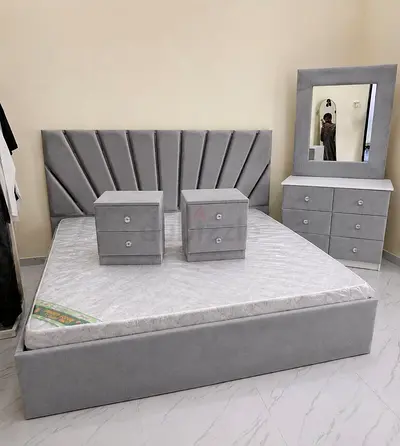 Elegant White Upholstered Bed Set with Wardrobe