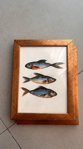 Framed Watercolor Painting of Three Fish in Gold Frame