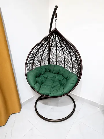 Outdoor Rattan Swing Chair with Green Cushion