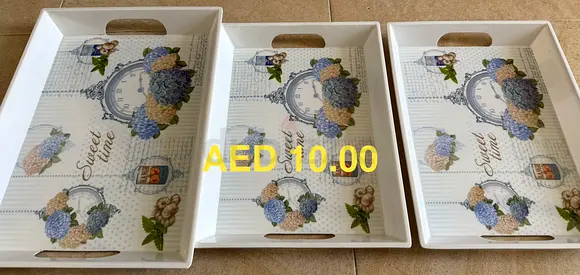 Set of 3 Decorative Serving Trays - White Floral Design